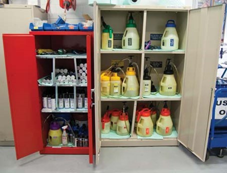 Figura 5. Las herramientas de lubricación deben almacenarse en un armario de almacenamiento a prueba de fuego para facilitar el acceso y la organización.
